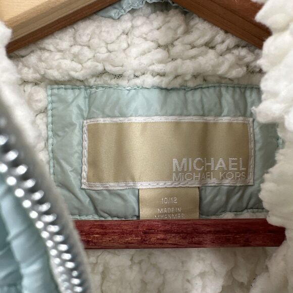 Michael Kors Girls Jacket 10 12 Medium Sea Foam Green Puffer Sherpa Hooded - Picture 6 of 12